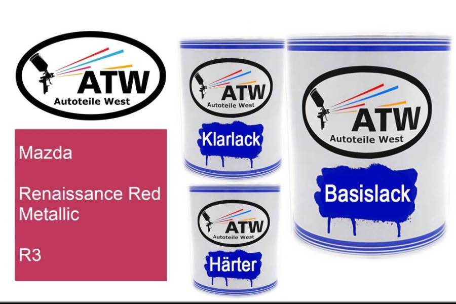 Mazda, Renaissance Red Metallic, R3: 1L Lackdose + 1L Klarlack + 500ml Härter - Set, von ATW Autoteile West.